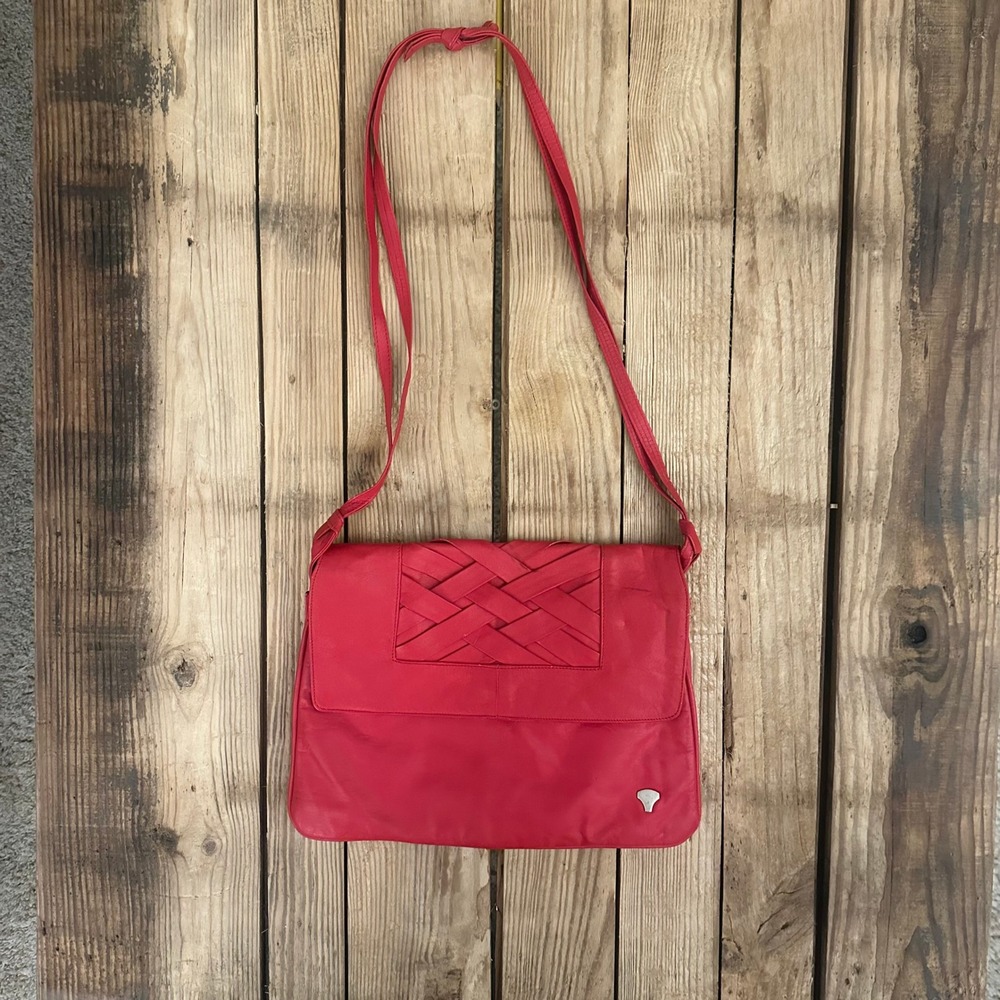 Vintage Red Leather Crossbody Bag Woven Lattice Flap Purse Womens Small‎